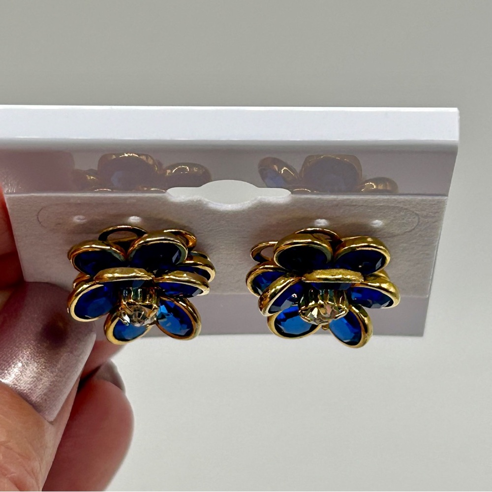 Sparkling Blue and Gold Flower Cluster Earrings - Picture 8 of 12
